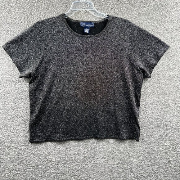 Susan Graver Womens Top 1X Black Metallic Pullover Jewel Neck Knit Shirt - Picture 1 of 7